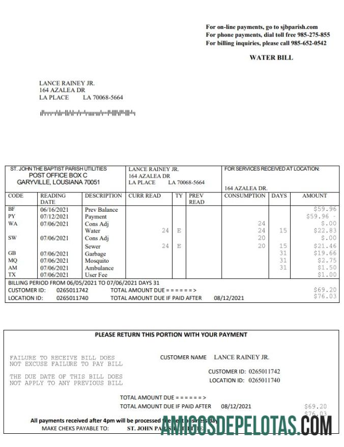 Conta de água da paróquia de São João Batista, Louisiana, EUA, em formato Word e PDF amostra